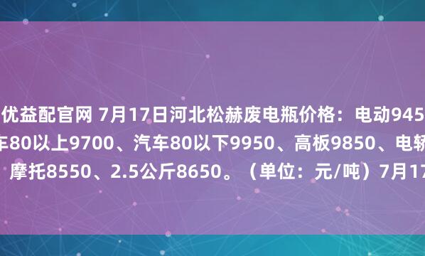 优益配官网 7月17日河北松赫废电瓶价格：电动9450、大干9100、汽车80以上9700、汽车80以下9950、高板9850、电轿9550、AGM9400、摩托8550、2.5公斤8650。（单位：元/吨）7月17号—7月22号所有订单到厂按净重每吨加100元）